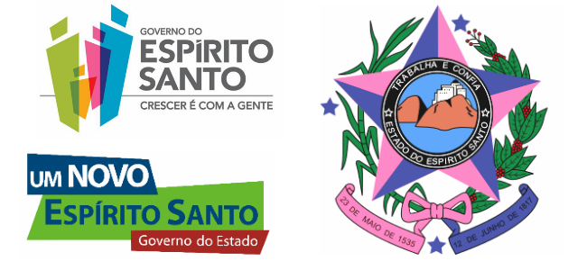 À esquerda, logomarcas de gestão; à direita, o brasão oficial do Estado do Espírito Santo